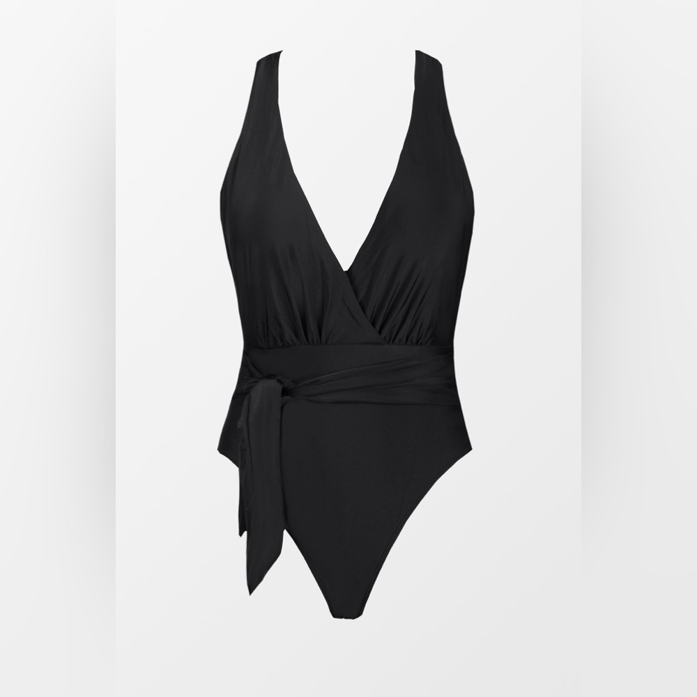 Cupshe Brianne Tie Front Plunging Black One Piece Swimsuit Medium NWT